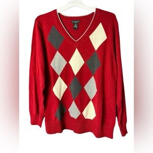 Rafaella Red and Gray V-Neck Argyle Sweater